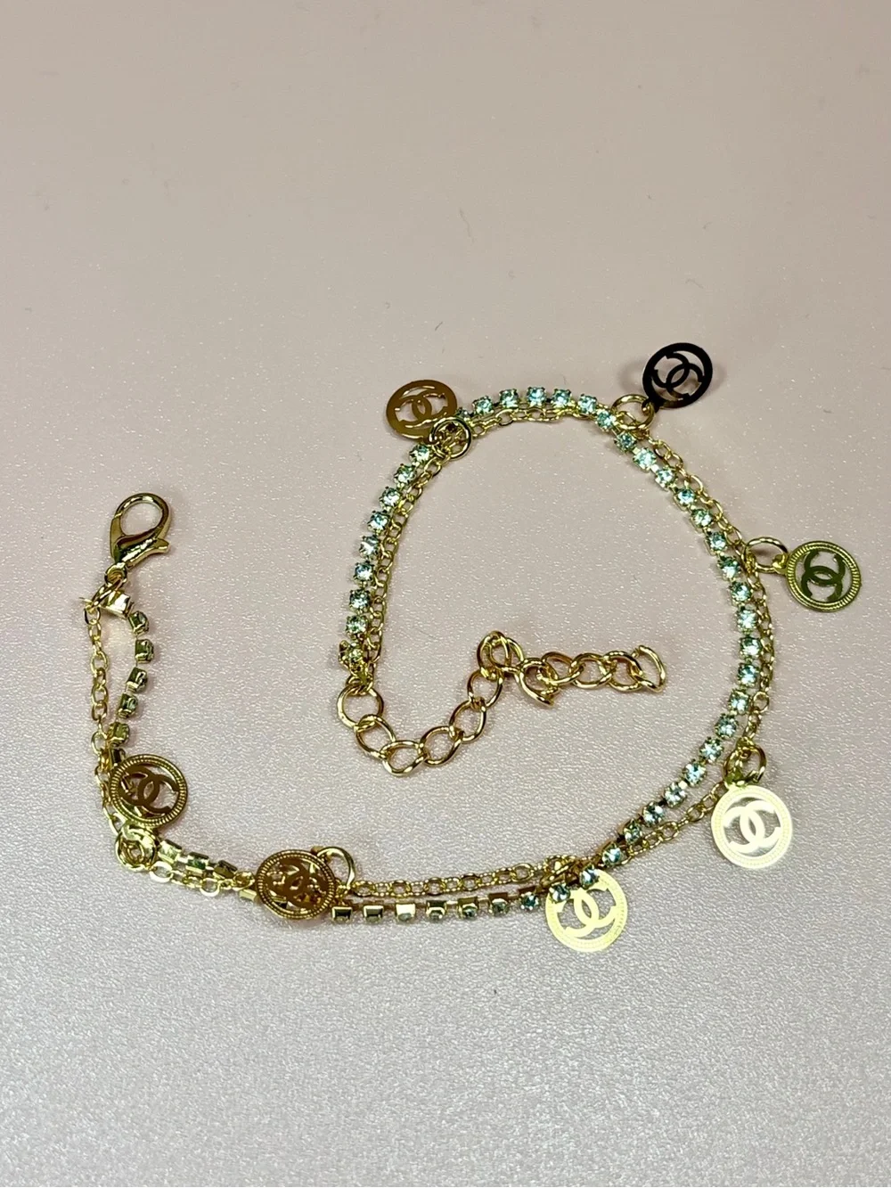 Shiny Gold-Tone Charm Anklet with Clear Crystal Accents